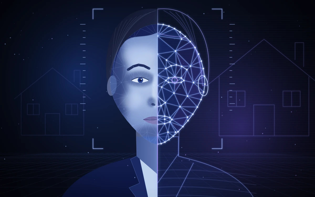 Illustration of an AI face scan: half of a generic professional&rsquo;s face rendered as a glowing digital mesh with landmark points, in front of a house outline