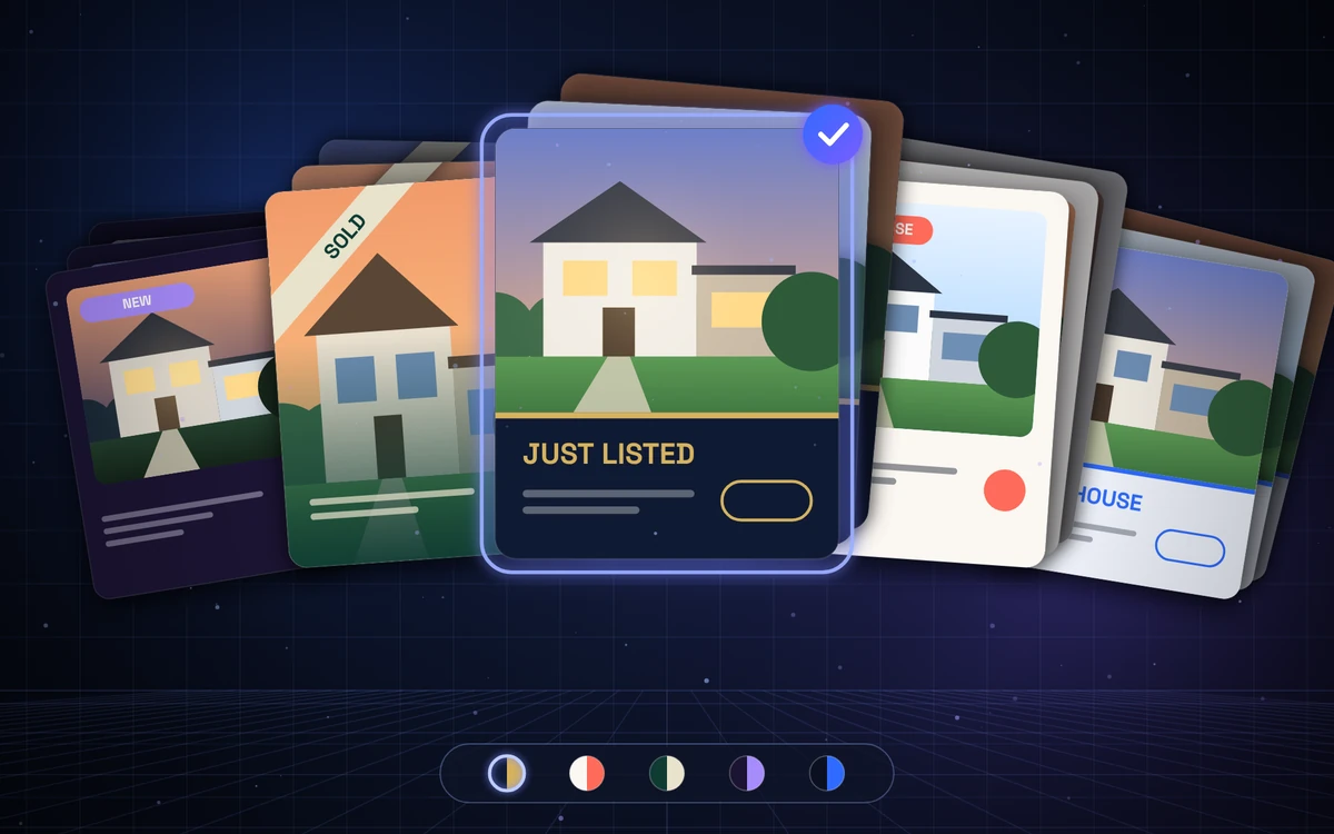 Mockup of real estate social post template packs (Just Listed, Open House, Sold) fanned out in different color themes, with one pack selected